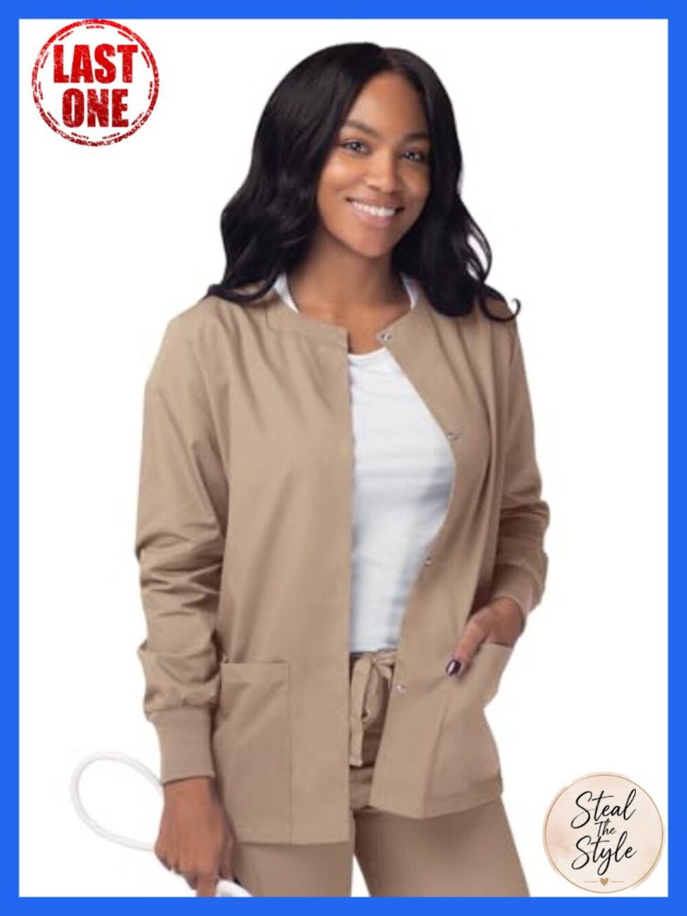 Scrub Warm-Up Jacket Snap Front Round Neck Medical Workwear 2 Pockets